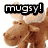 A pixelated moose icon with 'mugsy!' text, shown in multiple color variations including brown, gray, dark blue, red, and black on different backgrounds.