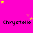 A static image with a bright pink background featuring repeated text "Chrystelle" in black pixelated font, scattered yellow and light purple stars.