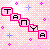 Pixelated icon with pink and white checkered background, black text letters in pink-outlined squares forming 'TANNY', scattered purple star shapes.