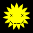 Four yellow sun-shaped icons with X eyes and smiling mouths on a black background, two showing pixelated animation frames.