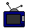 Blue television set with gray antennas and control , displaying pixelated fire animation