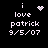 Black background with white pixelated text reading "i love patrick 9/5/07" and four distinct animated symbols above the word "love."