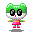 Pixelated green-haired character with large black eyes, pink dress, and red mouth in multiple poses against gray background.