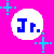 Four white circular icons on a bright pink background, each containing blue pixelated text or symbols, surrounded by light blue plus signs.
