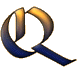 A stylized letter Q with a gradient fill transitioning from dark blue to gold, featuring smooth curved lines and a pixelated edge on a gray background.