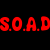 A split-screen animated contact sheet showing two frames of a pixelated text-based icon with red and black color scheme, featuring "S.O.A.D" on the left and "KICKS ASS!" on the right with a smiley face symbol.