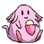 Two side-by-side pixel art frames of a pink cartoon character with rounded body, large eyes, and open mouth holding a yellow object.