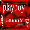 Red background with 'playboy' text, 'BunnY' text, and a pixelated blonde woman in a black crop top and shorts with bunny logos.