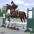 Pixelated image of a rider on a horse jumping over an obstacle with green and white elements in the background.