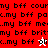 Pixelated text repeats 'my bff' phrases on red and white backgrounds with a small star icon in the center of each frame.