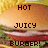 Pixelated image with text 'HOT JUICY BURGER!' over a blurred background of warm colors and indistinct shapes.