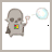 A gray cartoon character with a red and green chest emblem holds a wand emitting a white bubble, while black dots form text below it.