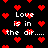 Black background with red pixelated hearts and white text reading "Love is in the air...." repeated across multiple instances.