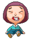 Pixel art character with purple bobbed hair, teal shirt, blue pants, and brown shoes in four sequential poses showing mouth and leg movements.