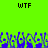 Green background with black 'WTF' text at top, blue and green pixelated shapes below resembling abstract figures or foliage.