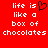 Red background with white pixelated text reading 'life is like a box of chocolates' and a black pixelated heart symbol replacing 'is' in the left section.