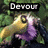 Animated sequence showing a cartoon character with yellow beak and purple body in green foliage, performing actions labeled Devour, Regurgitate, So I Devour 2 Times.