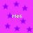 Purple background with scattered dark purple stars and four instances of the text 'Meli' in white pixelated font.
