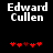 Black background with white text "Edward Cullen" above red heart symbols, showing animation where one central heart changes color from dark red to bright red.