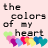 Pixelated text reads 'the colors of my heart' above a row of multicolored hearts on a light pink background.