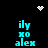 Pixelated cyan text 'ily xo alex' arranged in three on a black background, with white pixel hearts and starbursts at top corners