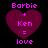 Four identical pixelated heart-shaped icons with pink text reading "Barbie + Ken = love" on a black background.
