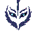 Pixelated icon of a stylized face with glowing eyes and jagged dark blue features against white background.