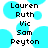 Pixelated text displays names over cyan circular shapes on white background.