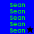 Green pixelated text 'Sean' repeated on blue and black backgrounds with a star symbol changing from black to blue.