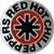 Circular icon with a central black cross surrounded by red and white spiral patterns, encircled by gray pixelated text.