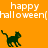 Orange background with pixelated black cat silhouettes and white 'happy halloween(' text in three positions.