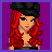 Pixel art character with red hair, black beret, blue eyes, and a black crop top against purple background.