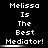 Pixelated text reads "Melissa Is The Best Mediator!" in white on black, with horizontal white bars beneath each line of text.