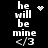 Black background with white pixelated text 'he will be mine </3' repeated in two , each containing one heart and one starburst animation element
