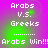 Pixelated text on a purple-to-green gradient background displays 'Arabs V.S. Greeks' with dotted lines and 'Arabs Win!!!' below.