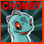 A 4-frame animated contact sheet of a pixelated Chomby character from Neopets with red text "CHOMBY" above each frame, showing subtle facial expression changes across frames against a dark teal radial background with an orange border.