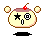Pixelated character with cherry-topped head, two round ears, and alternating star-and-spiral eyes on gray background.