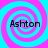 Four identical spiral patterns with alternating cyan and magenta rings, each containing the text 'Ashton' in black pixelated font.