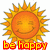 Pixelated sun icon with orange-yellow gradient face, closed eyes, and smiling mouth; red text 'be happy' below.