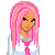 Pixel art of a character with pink hair and white shirt, split into two views showing full body and torso details.