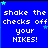 Blue background with white pixelated text reading "shake the checks off your HIKES!" and scattered cyan stars, arranged in a of nine