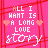A pink background with red lines displays repeated text 'ALL I WANT IS A LONG LOVE STORY' in white pixelated font, each line flanked by small hearts