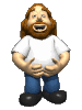 A 4-frame animated contact sheet showing a cartoon character with long red hair and beard, wearing a white t-shirt and blue pants, in various poses against a gray background.