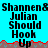 Pixelated text repeats 'Shannen& Julian Should Hook Up' across a bright cyan background with red and brown pixelated terrain at the bottom.