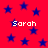 Red background with scattered dark blue stars and four instances of the name 'Sarah' in white pixelated text.