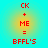 Red pixelated text on cyan background with yellow gradient halo, displaying 'CK + ME = BFFL'S' in two identical vertical arrangements.
