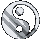 A collection of grayscale yin-yang symbols in various shapes and orientations, displayed as a with multiple views
