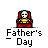 A 17-frame animated contact sheet of a Father's Day-themed buddy icon featuring a cartoon skeleton in a red chair with yellow accents, showing variations including text bubbles and raised arms.