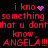 Red pixelated text on black background with animated purple heart and starburst symbols, repeating 'i kno something that u dont know. ANGELA!!!' in two