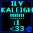 Pixelated cyan text and symbols on black background with blue border, showing four identical arranged in a